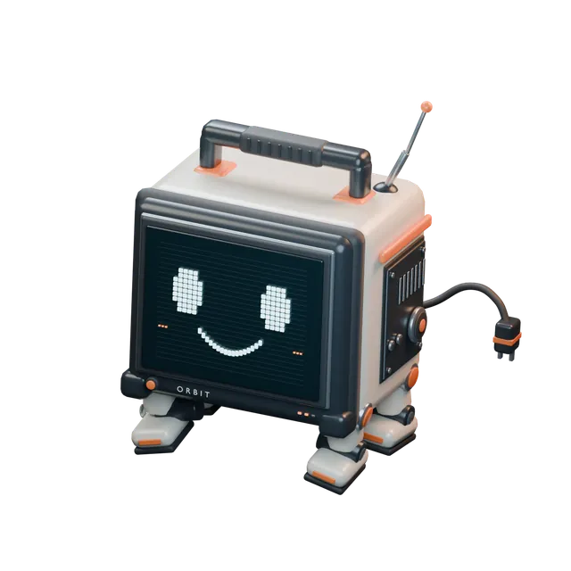 Робот ORBIT: ретроэкран с пиксельной улыбкой, молочный корпус и оранжевые детали